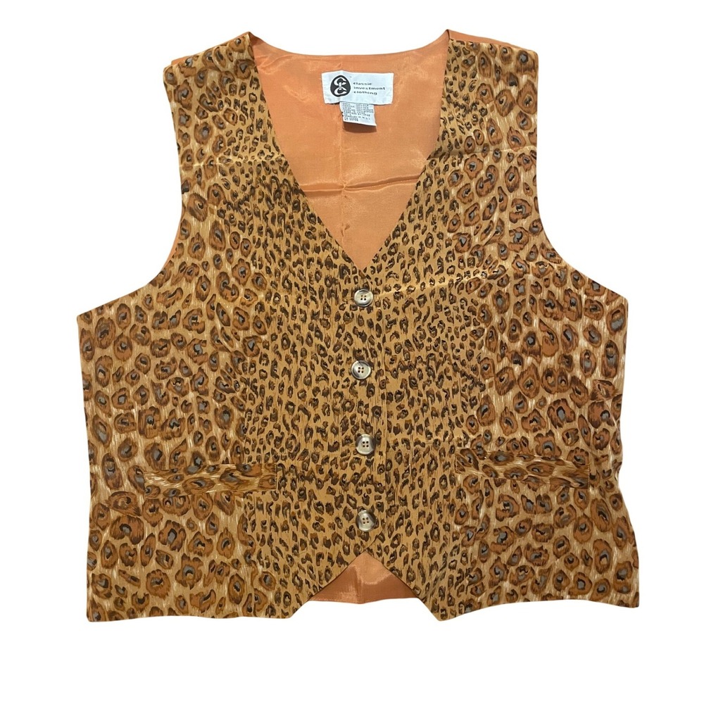 Vintage Silk Vest Leopard Print Brown Tan Animal Pattern L